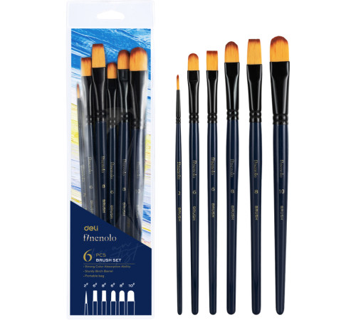 Набор кистей DELI "Finenolo", круглая №2, плоская №6,8, овальная №6,8,10, синтетика, 6 штук в уп.