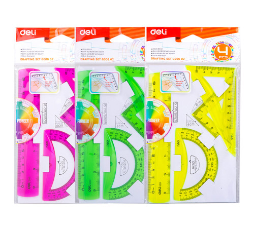 Набор линеек Deli "Pioneer" (треугольник .2 шт, линейка 15 см,транспортир)