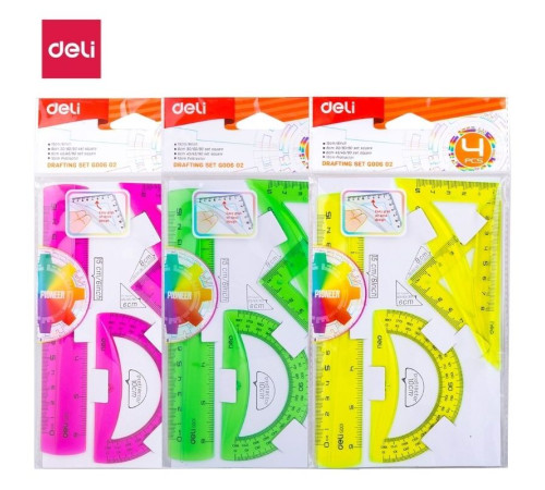 Набор линеек Deli "Pioneer" (треугольник .2 шт, линейка 15 см,транспортир)