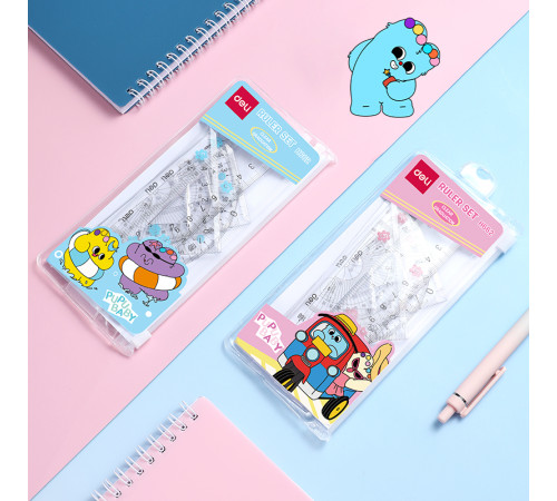 Набор линеек Deli "PupuBaby" (треугольник .2 шт, линейка 15 см,транспортир), прозрачный