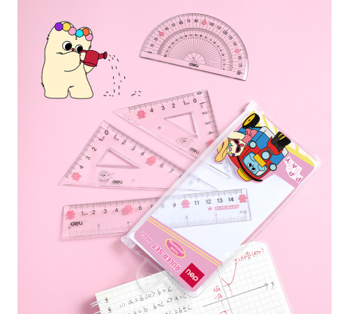 Набор линеек Deli "PupuBaby" (треугольник .2 шт, линейка 15 см,транспортир), прозрачный