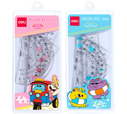 Набор линеек Deli "PupuBaby" (треугольник .2 шт, линейка 15 см,транспортир), прозрачный