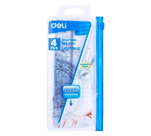 Набор линеек Deli (треугольник .2 шт, линейка 15 см,транспортир), прозрачный