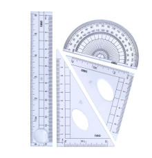 Набор линеек Deli (треугольник .2 шт, линейка 15 см,транспортир), прозрачный