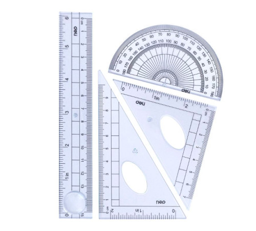 Набор линеек Deli (треугольник .2 шт, линейка 15 см,транспортир), прозрачный