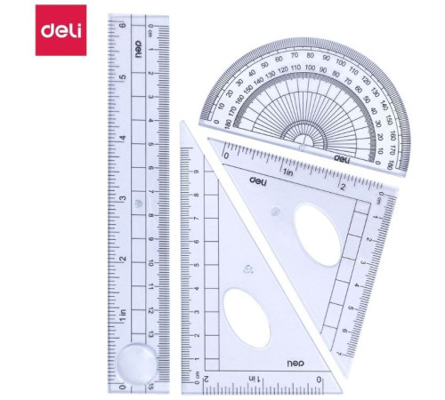 Набор линеек Deli (треугольник .2 шт, линейка 15 см,транспортир), прозрачный