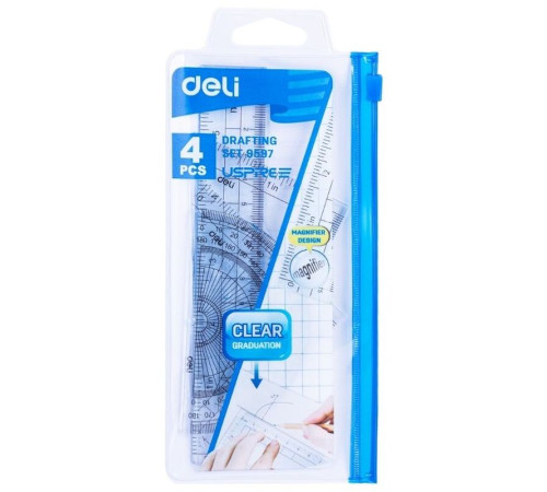 Набор линеек Deli (треугольник .2 шт, линейка 15 см,транспортир), прозрачный