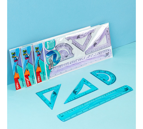 Набор линеек Deli (треугольник .2 шт, линейка 30 см,транспортир), тонированный, ассорти