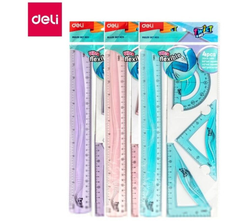 Набор линеек Deli (треугольник .2 шт, линейка 30 см,транспортир), тонированный, ассорти