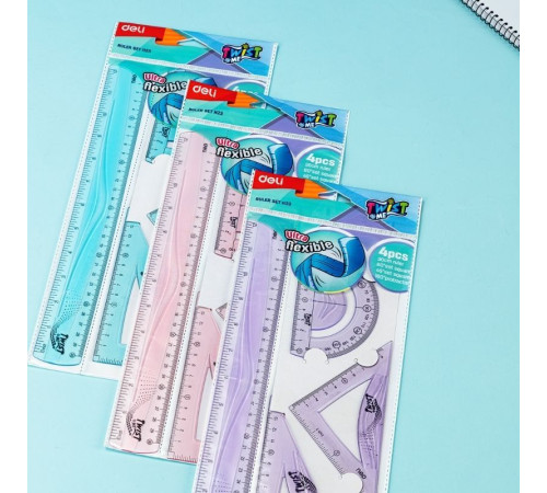 Набор линеек Deli (треугольник .2 шт, линейка 30 см,транспортир), тонированный, ассорти