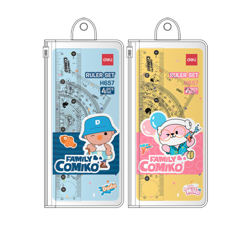 Набор линеек Deli (угольник .2 шт, линейка 15 см,транспортир)