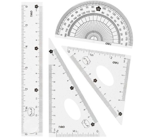 Набор линеек Deli (угольник .2 шт, линейка 15 см,транспортир)