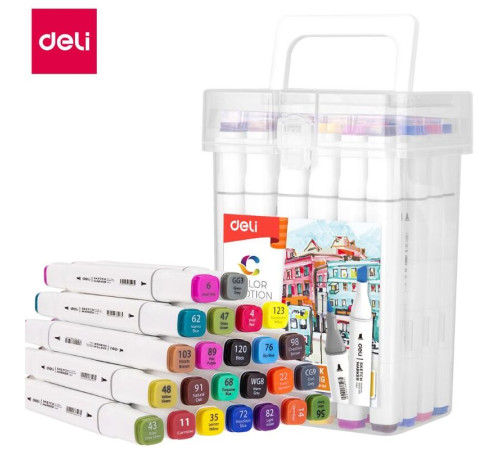 Набор маркеров для скетчинга DELI, двухсторонний 1/7 мм, 24 цвета, пластиковая коробка