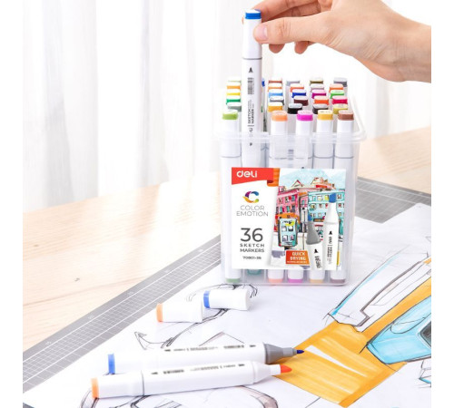Набор маркеров для скетчинга DELI, двухсторонний 1/7 мм, 36 цветов, пластиковая коробка