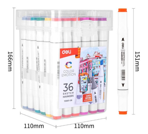 Набор маркеров для скетчинга DELI, двухсторонний 1/7 мм, 36 цветов, пластиковая коробка