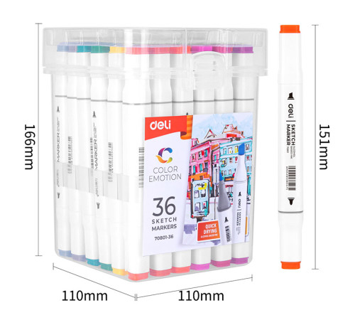 Набор маркеров для скетчинга DELI, двухсторонний 1/7 мм, 36 цветов, пластиковая коробка