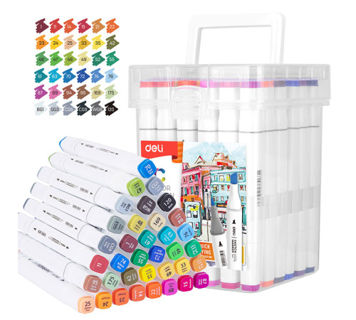 Набор маркеров для скетчинга DELI, двухсторонний 1/7 мм, 36 цветов, пластиковая коробка