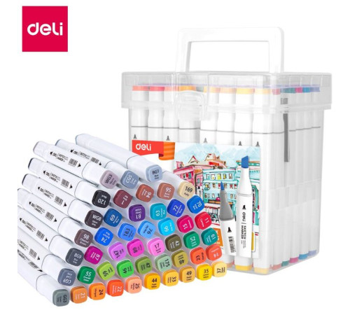 Набор маркеров для скетчинга DELI, двухсторонний 1/7 мм, 48 цветов, пластиковая коробка