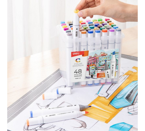 Набор маркеров для скетчинга DELI, двухсторонний 1/7 мм, 48 цветов, пластиковая коробка