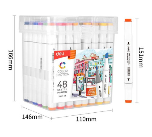Набор маркеров для скетчинга DELI, двухсторонний 1/7 мм, 48 цветов, пластиковая коробка