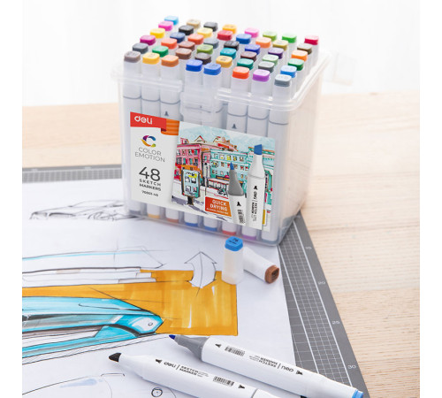 Набор маркеров для скетчинга DELI, двухсторонний 1/7 мм, 48 цветов, пластиковая коробка