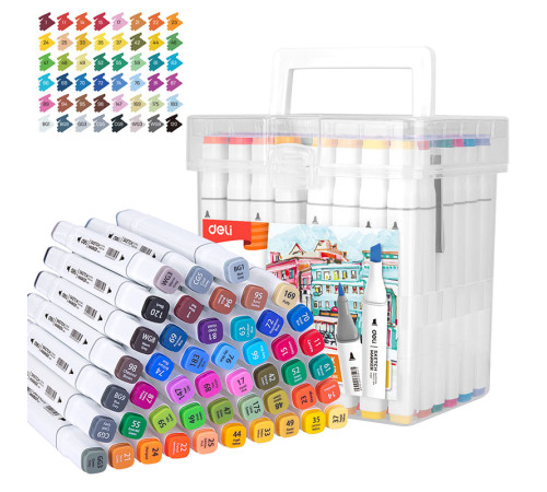 Набор маркеров для скетчинга DELI, двухсторонний 1/7 мм, 48 цветов, пластиковая коробка