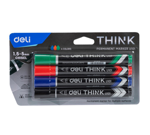 Набор перманентных маркеров DELI, скошенный наконечник, 4 цвета