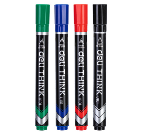 Набор перманентных маркеров DELI, скошенный наконечник, 4 цвета