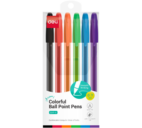 Набор шариковых ручек DELI "Q69" 6 штук, 6 цветов, 0,7 мм, европодвес