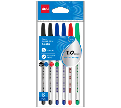 Набор шариковых ручек DELI "Think" Q4, 1.0 мм, 4 цвета, 6 шт в еврподвесе
