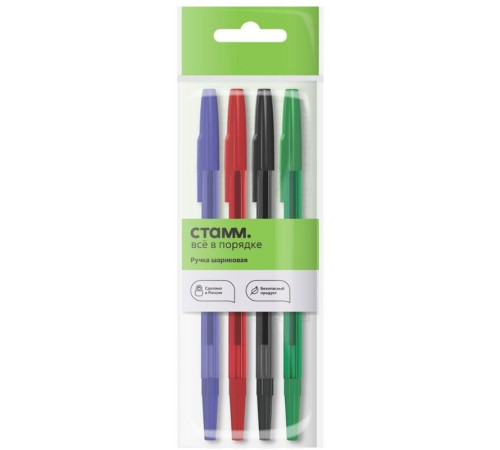 Набор шариковых ручек СТАММ "049", 4 цвета, 0,7 мм, европодвес