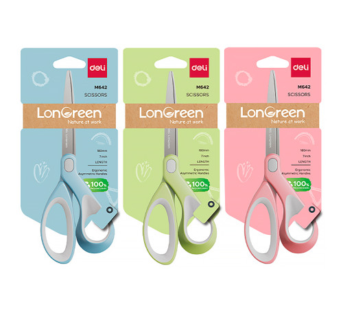 Ножницы DELI "LonGreen", 180 мм, нержавеющая сталь, пластиковые ручки, ассорти