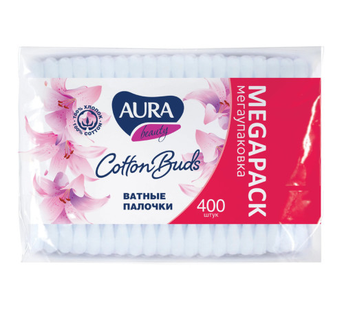 Палочки ватные AURA, 400шт, п/э упаковка