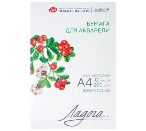 Папка для акварели ЗХК "Ладога", А4, 200 г/м2, 12 листов, среднее зерно