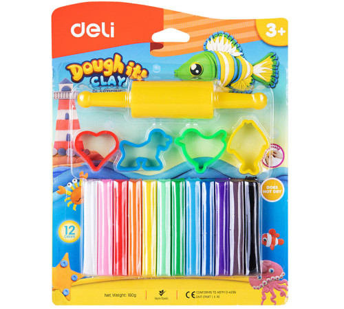 Пластилин Deli Dough 12 цветов, 160 гр., блистер с европодвесом