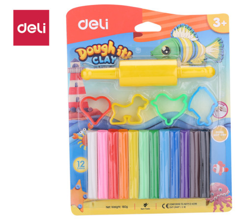 Пластилин Deli Dough 12 цветов, 160 гр., блистер с европодвесом