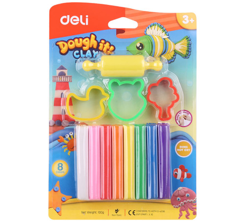 Пластилин Deli Dough 8 цветов, 100 гр., блистер с европодвесом