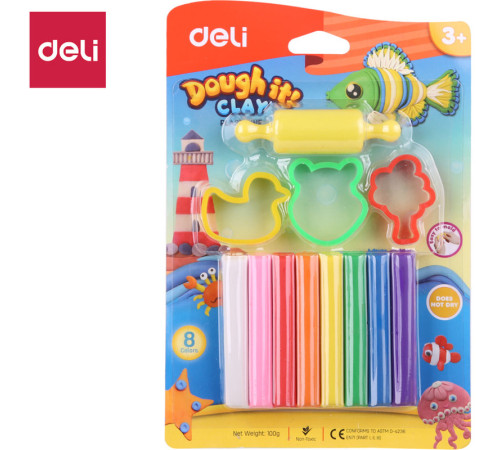 Пластилин Deli Dough 8 цветов, 100 гр., блистер с европодвесом