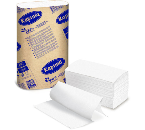 Полотенца бумажные Карина, 200 листов, 2-слойные, 22,5*23 см, Z-сложение, белые