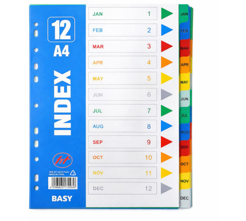 Разделитель пластиковый BASY, А4, January-December, цветной