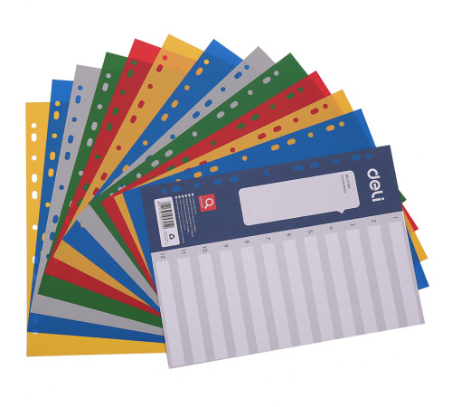 Разделитель пластиковый DELI, А4, 12 листов, цветной