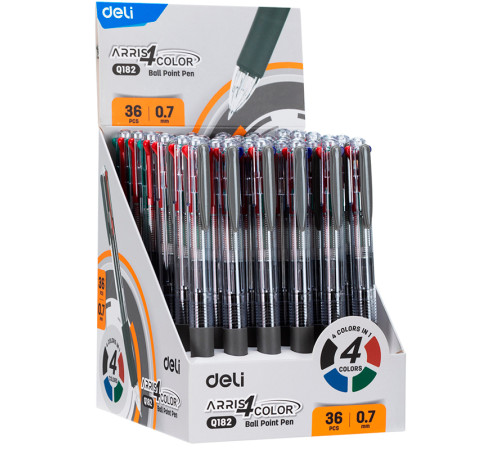 Ручка шариковая DELI "Arris" автоматическая, трехцветная, 0,7 мм, синяя, черная, красная