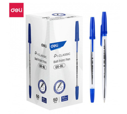 Ручка шариковая DELI "Classic", 0,7 мм, прозрачный корпус, синяя