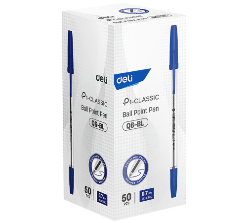 Ручка шариковая DELI "Classic", 0,7 мм, прозрачный корпус, синяя