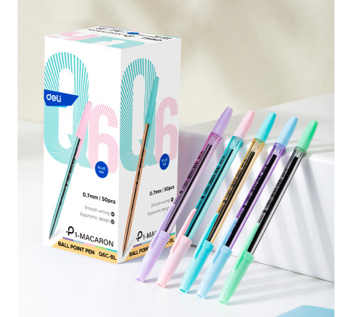 Ручка шариковая DELI "Macaron", 0,7 мм, тонированный корпус, синяя