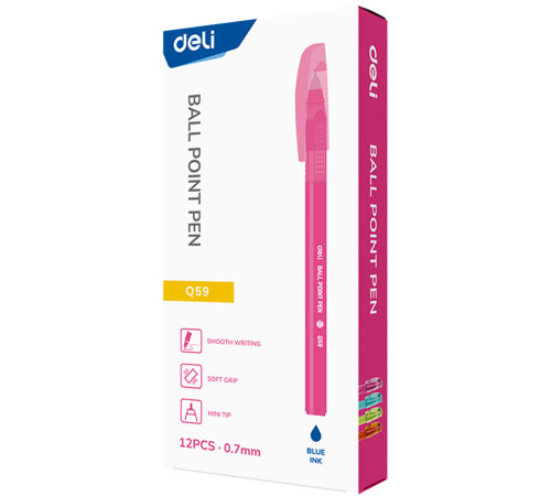Ручка шариковая DELI "Q59", 0,7 мм, корпус ассорти, синяя, грип