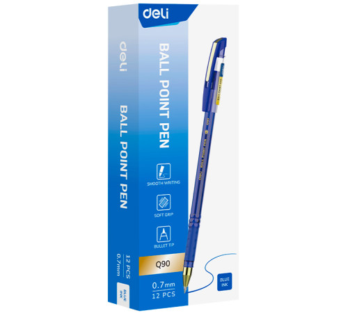 Ручка шариковая DELI "Q90", 0.7 мм, тонированный корпус, синяя, грип