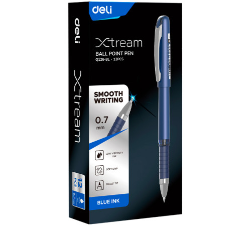 Ручка шариковая DELI "Xtream Q126", 0.7 мм, синяя, грип
