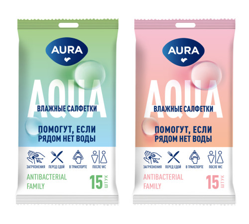 Салфетки влажные Aura "Family" , антибактериальные, 15 шт