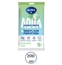 Салфетки влажные Aura "Family" , антибактериальные, 15 шт